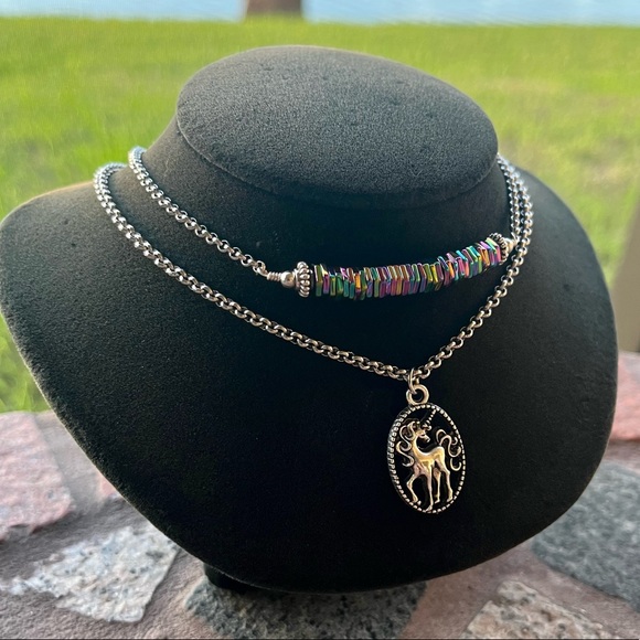 Double layer unicorn rainbow stones stainless steel adjustable choker necklace - Picture 7 of 14